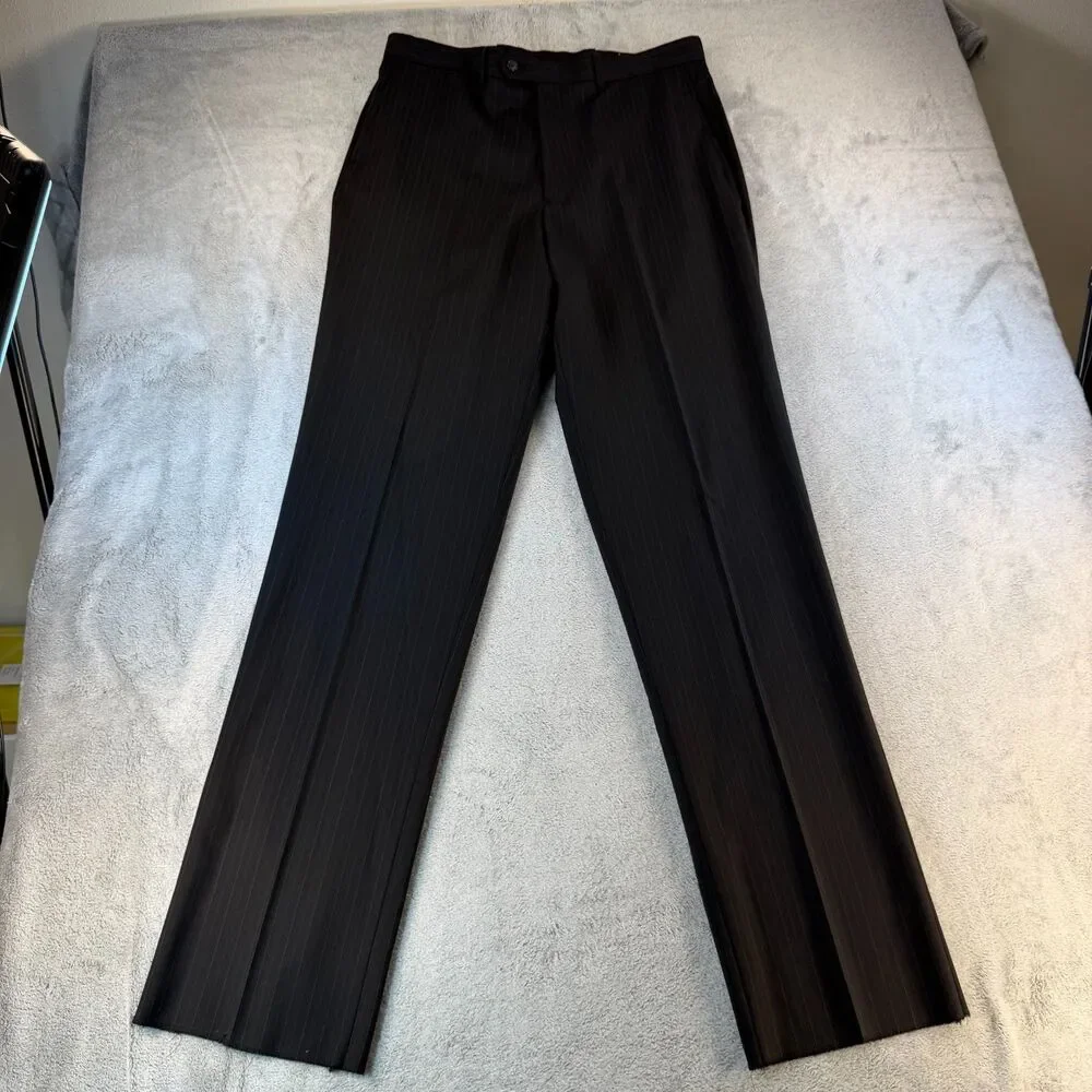 Piero Valentino Milano Mens Wool Dress Pants W36 Black Pinstripe Unhemmed NWT